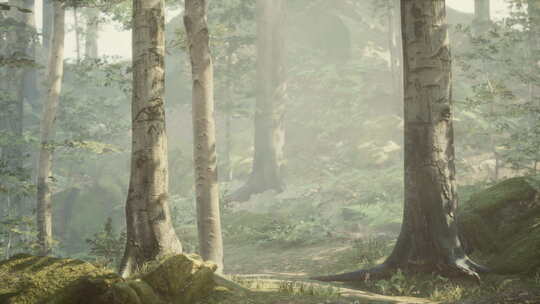 阳光穿过雾的美丽阳光剪影森林