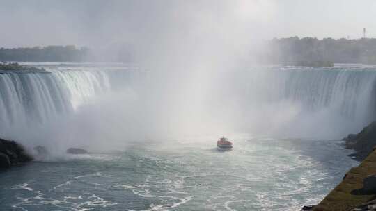 满载游客的船接近加拿大尼亚加拉瀑布