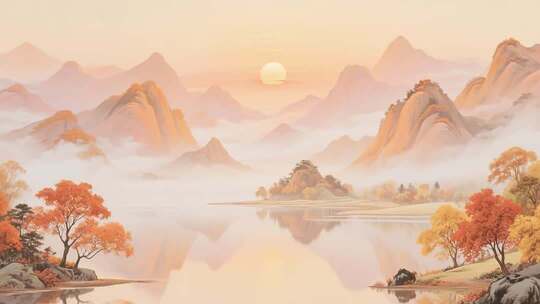 山水夕阳古风背景素材