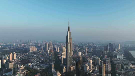 清晨时分的江苏南京紫峰大厦近景航拍