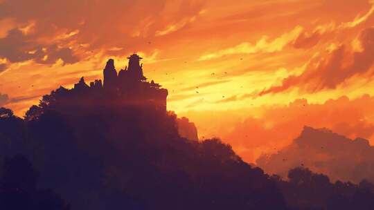 日落时分山间古建筑剪影