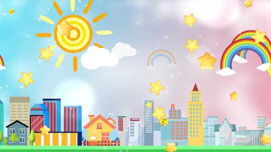 4K动态卡通城市太阳彩虹粒子背景视频