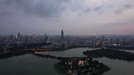 江苏南京夕阳晚霞夜幕降临夜景灯光航拍