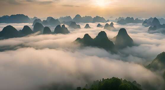 桂林山水合集山峰云海群山云雾缭绕自然风景