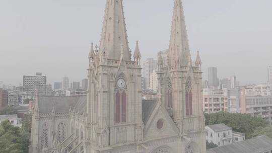 广州石室圣心大教堂4K航拍log未调色视频素材模板下载