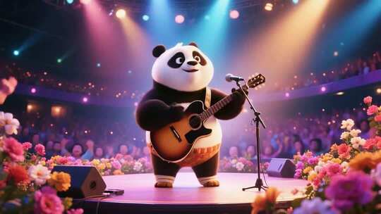 熊猫舞台弹吉他表演