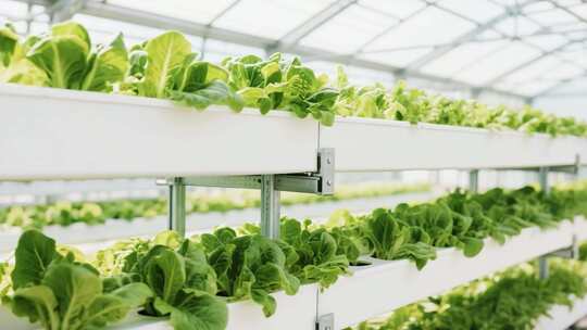 温室大棚内水培蔬菜种植场景