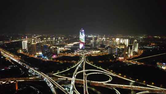 河南郑州城市夜景灯光航拍