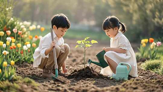 植树节主题儿童种树浇水环保活动