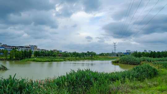 池塘 湿地公园 风起云涌 乌云满天 延时