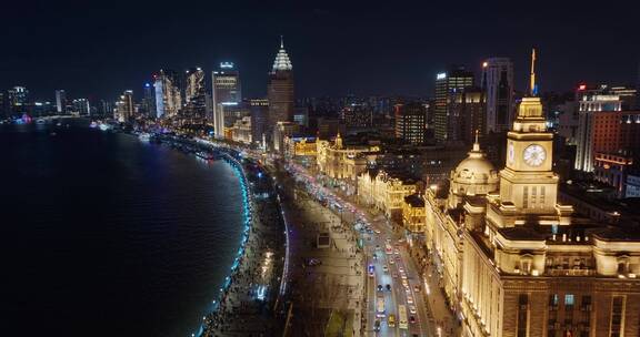 航拍上海外滩万国建筑群夜景