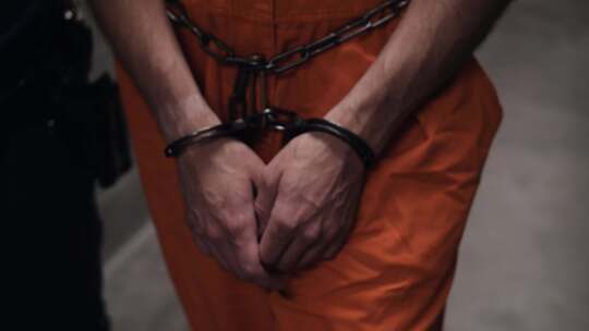 戴手铐囚犯的双手特写