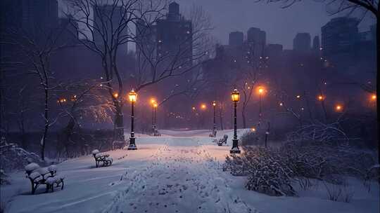 下雪的城市雪景夜晚夜景浪漫孤独意境街道唯