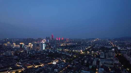 浙江绍兴城市夜幕降临夜景晚霞航拍