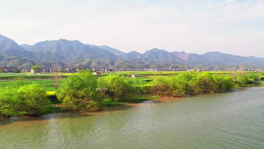 杭州富阳富春江两岸春天风景航拍