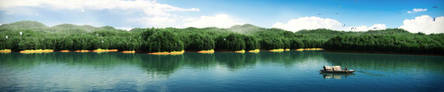 三维湖泊孤舟船绿色风景飞鸟白鹭千岛湖动画