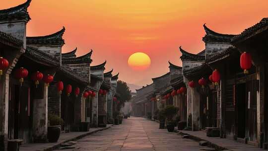 古镇夕阳下的徽派建筑街道