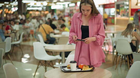 女人站在繁忙的餐厅里拍摄用餐照片