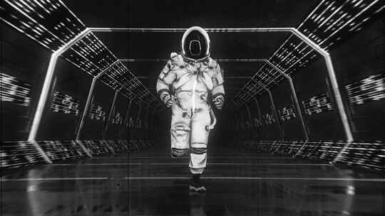 一名宇航员跑过黑色科幻隧道