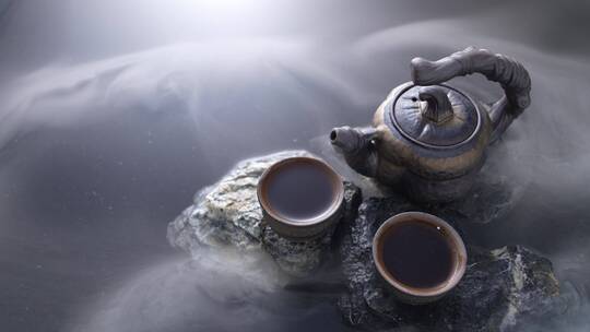 水面上的茶壶与茶杯