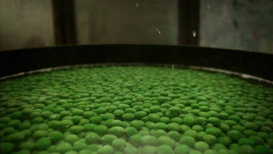 几颗豌豆落入豌豆池中的慢镜头特写