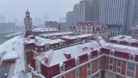 天津津湾广场雪景航拍