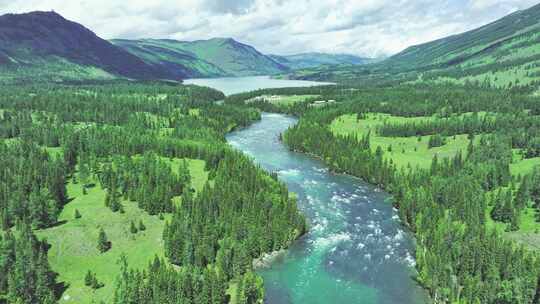 山林间河流自然风光航拍新疆喀纳斯
