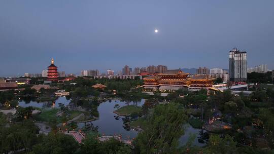 航拍九洲池夜景灯光秀古风