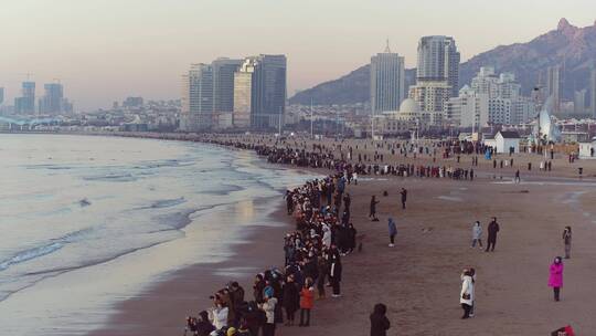 航拍石老人海水浴场日出视频素材模板下载