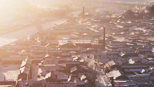 东北雪乡，雪后的日出乡村俯瞰全景