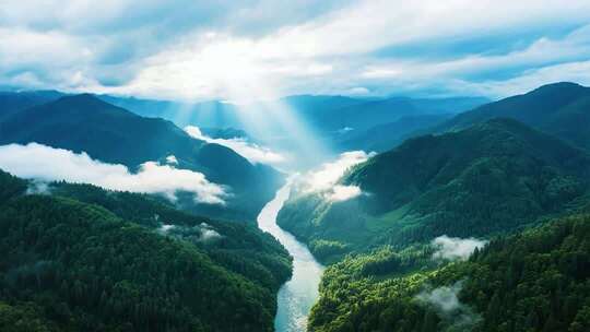 山谷河流森林阳光全景