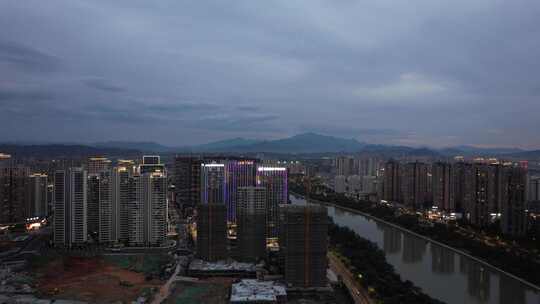 江西宜春城市夜幕降临晚霞夜景航拍