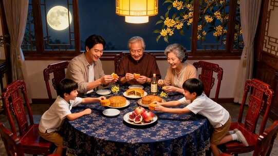家庭中秋团圆聚餐场景