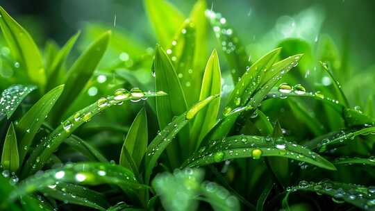 4K清晨下雨水珠草丛小草小雨春季植物