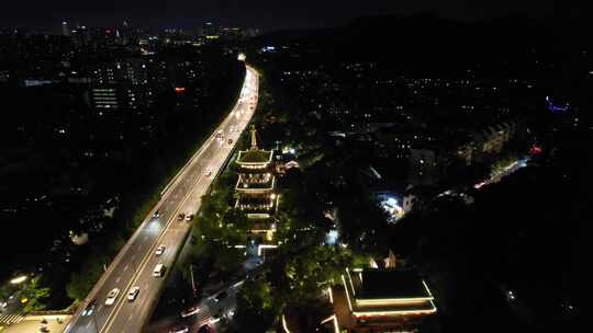 杭州城市夜幕降临夜景交通航拍