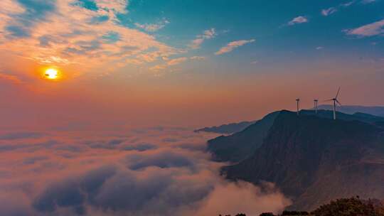 清晨云海日出云层山顶山林山峰云雾缭绕风景