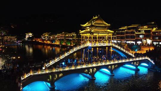 湖南湘西凤凰古城夜景航拍视频素材模板下载