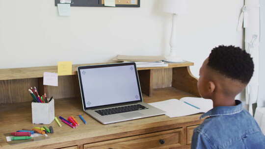 在线学校课堂上在家的非裔美国男孩使用屏幕上的笔记本电脑复制空间举手