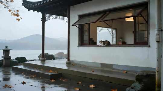 苏州立秋雨天亭子猫咪禅意风景视频