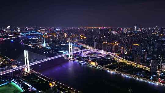 航拍上海黄浦江南浦大桥夜景