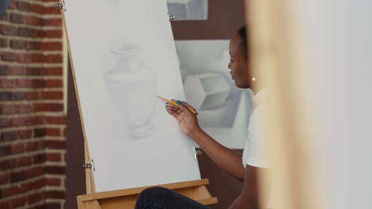 美术课学生用铅笔在画布上勾勒花瓶素描