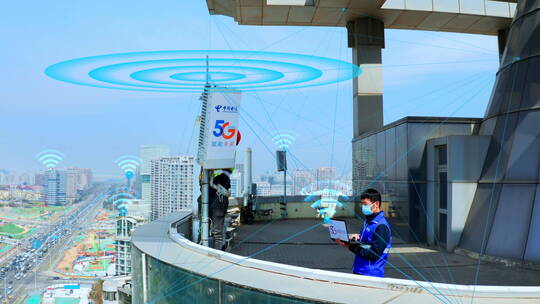 电信5G基站发射信号-5G网络科技城市视频素材模板下载