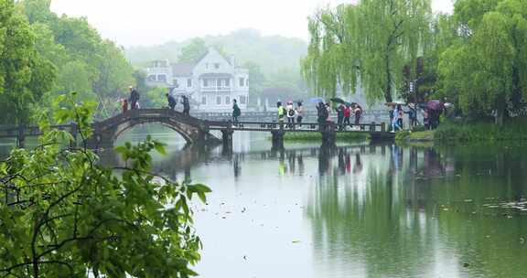 春天杭州西湖园林桥洞雨景