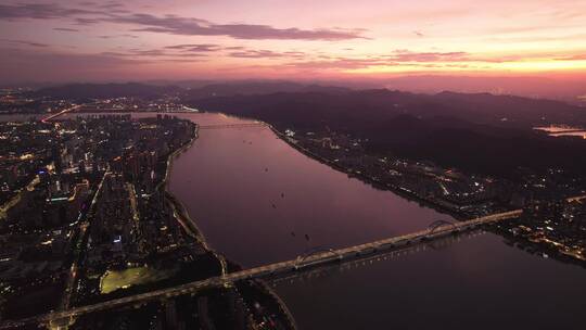 杭州钱塘江两岸现代城市风光夕阳下航拍