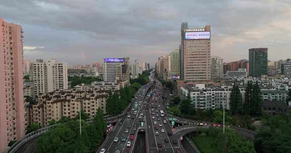 杭州城市交通中河高架环城北路夕阳航拍