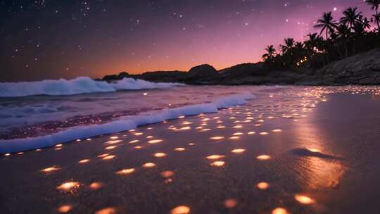 夜晚海滩星空与海浪景观