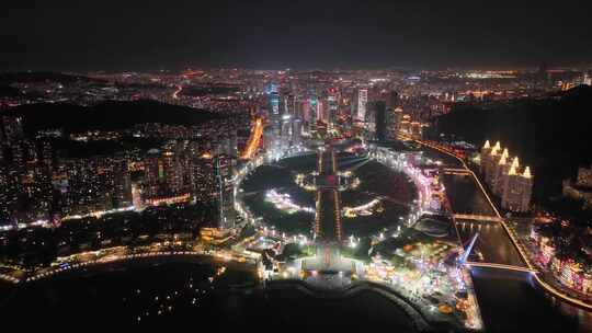 海滨城市夜景 星海广场航拍