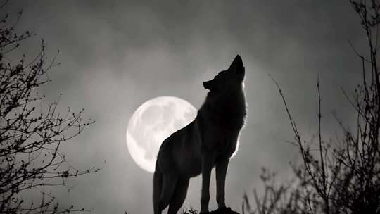 月夜下狼仰天长嚎画面