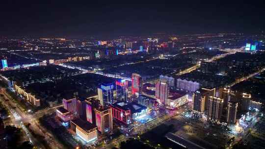 航拍扬州西区明月湖大桥夜景京华城商圈全景