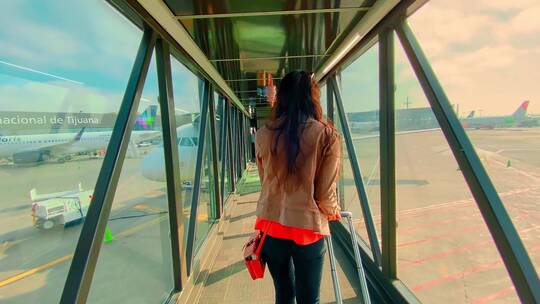 机场登机走廊桥 走过登机廊桥 旅客乘飞机视频素材模板下载
